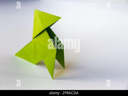 Carta verde hen origami isolato su sfondo bianco Foto Stock