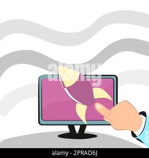 Immagine del lancio di Rocket Ship sullo schermo. Astronave che disegna volare alto con l'uomo che punta un dito al monitor. Foto Stock