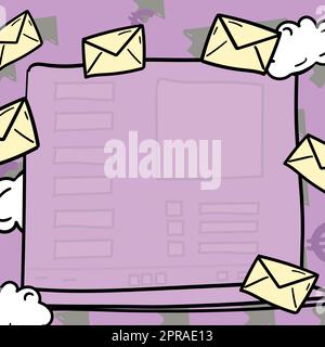 Composizione di un'idea di lettera, elenco di documenti di testo, presentazione di strumenti di scrittura, materiali di vendita. Tabella elenco di controllo circondata da inviluppi e nuvole Foto Stock