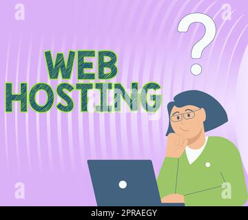 Segno di testo che mostra il Web Hosting. Internet Concept l'attività di fornire spazio di archiviazione e accesso ai siti Web Lady disegna brainstorming nuove soluzioni circondate da punti interrogativi Foto Stock