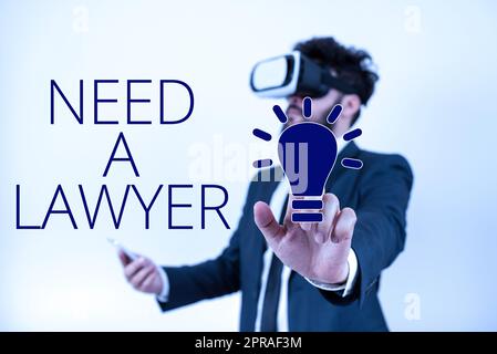 Scrivere mostrare del testo ha bisogno Di Un avvocato. Offerta di foto concettuali di consulenza legale consulenza legale uomo che indossa occhiali VR e che indica messaggi importanti con un solo dito. Foto Stock