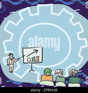 Membri del team che guardano alla lavagna per rappresentare la crescita delle nuove soluzioni per la vendita. Gruppo di colleghi che guarda il Board Thinking Problem Solving Skills contro Gear background. Illustrazione Vettoriale