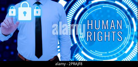 Testo calligrafico diritti umani. Vetrina aziendale principi morali standard norme di una mostra protetta da un uomo d'affari che preme su Security Symbol Protecting Important Information. Foto Stock