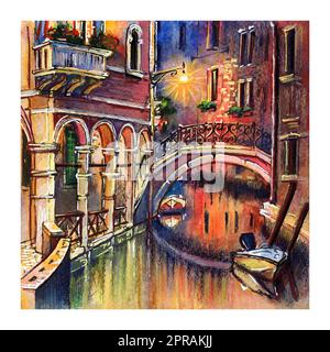 Acquerello del canale notturno e ponti a Venezia Foto Stock