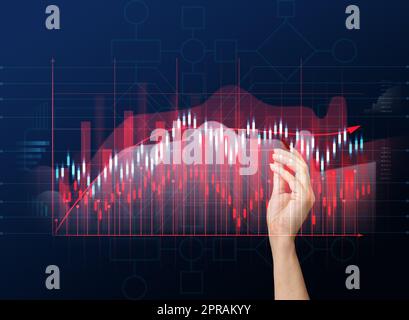 Grafico olografico con tassi e indicatori in aumento. Concetto di crescita aziendale Foto Stock