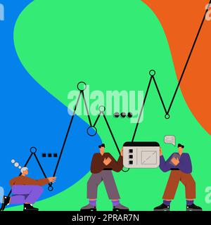 Tre uomini con corpi oversize preparando grafici che rappresentano la crescita del business e decreti. Colegues preparazione dell'installazione del grafico collegamento delle tabelle alla scheda Foto Stock