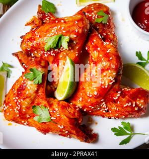 ali di pollo con spicchi di patate e sedano. Foto Stock
