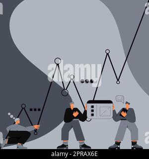 Tre uomini con corpi oversize preparando grafici che rappresentano la crescita del business e decreti. Colegues preparazione dell'installazione del grafico collegamento delle tabelle alla scheda Foto Stock