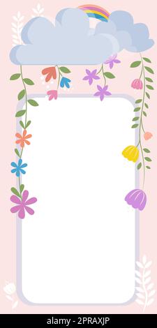 Inquadra con arcobaleno, foglie e fiori dalle nuvole e annunci importanti all'interno. Framework con diversi impianti in tutto e Crutial Information in. Foto Stock