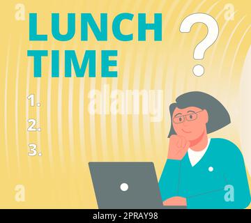 Didascalia concettuale per l'ora di pranzo. Internet Concept Meal nel mezzo della giornata dopo colazione e prima di cena Lady disegna brainstorming nuove soluzioni circondate da punti interrogativi Foto Stock