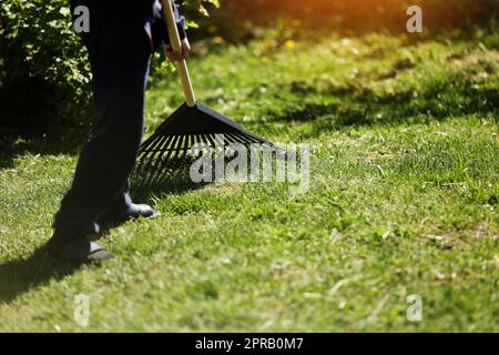 L'uomo non riconosciuto sta rastrellando le foglie con un rastrello nero di plastica. Pulizia dei rifiuti e dell'erba secca dal prato con un rastrello a ventaglio. Concetto di preparazione di gar Foto Stock