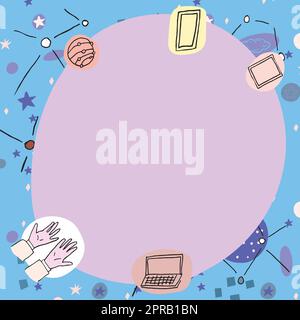 Poster in bianco decorato con simboli della tecnologia moderna. Cornice vuota circondata da un telefono cellulare multicolore portatile che rappresenta la scienza e la tecnologia. Illustrazione Vettoriale