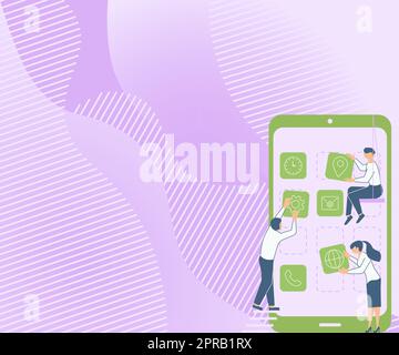 Tre colleghi che portano S decorazione delle applicazioni mobili definizione del lavoro di squadra. Partner simboli in attesa creazione di funzioni telefoniche che presentano lo sforzo combinato. Illustrazione Vettoriale