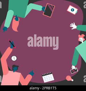 Tre colleghi che portano S decorazione delle applicazioni mobili definizione del lavoro di squadra. Partner simboli in attesa creazione di funzioni telefoniche che presentano lo sforzo combinato. Illustrazione Vettoriale