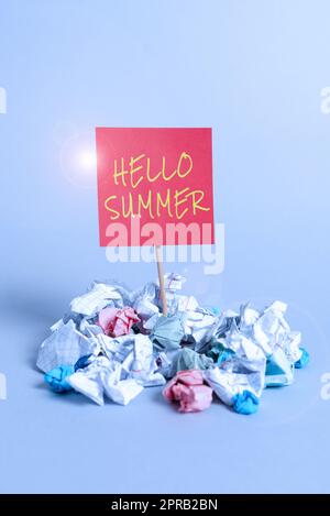 Testo che mostra ispirazione Hello Summer. La parola per accogliere la stagione più calda dell'anno arriva dopo la primavera la carta avvolge le informazioni importanti fissate su Piece of Wood. Foto Stock