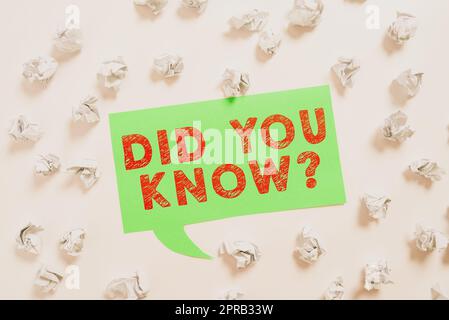 Segno di testo che mostra la domanda "sapevi?" Word Written on Fun Facts and Figures Information General Knowledge Paper avvolge attorno a Speech Bubble con informazioni importanti. Foto Stock