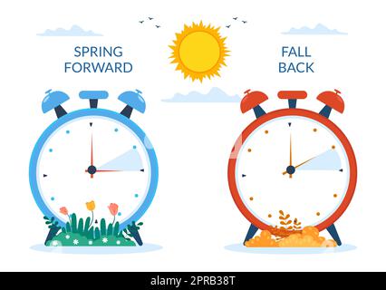 Ora legale Cartoon piano disegnato a mano Illustrazione con sveglia o calendario Dall'estate alla primavera progettazione in avanti Foto Stock