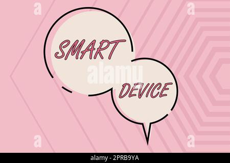 Dispositivo intelligente di visualizzazione concettuale. Gadget Word for Electronic in grado di connettersi condividere interagire con gli utenti bolle vocali circolari su Striped che mostrano le strategie di crescita. Foto Stock