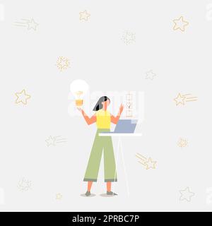 Illustrazione di una ragazza che utilizza il notebook avere nuove idee sorprendenti e fare checklist. Lady Drawing lavorando su minicomputer picking up Old Objective facendo inventario. Illustrazione Vettoriale