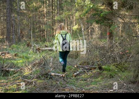 Donna giocare Geocaching. Foto Stock