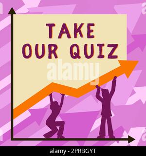 Didascalia concettuale sostieni il nostro quiz. Word for compila il nostro questionario breve feedback sull'esame uomo e donna che tiene Freccia e presenta messaggi importanti. Foto Stock