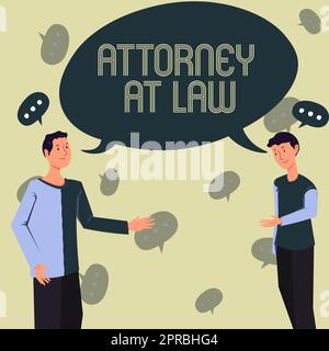 Procuratore di testi per la scrittura a mano. Parola per il professionista legale che si occupa della maggior parte delle questioni legali due colleghi in piedi discutono nuove idee con la grande bolla del discorso Foto Stock