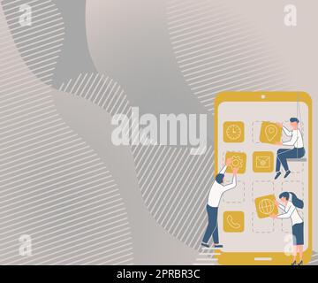 Tre colleghi che portano S decorazione delle applicazioni mobili definizione del lavoro di squadra. Partner simboli in attesa creazione di funzioni telefoniche che presentano lo sforzo combinato. Illustrazione Vettoriale