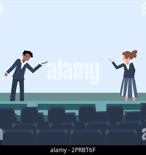 I leader aziendali professionisti che indossano abiti formali parlano. Modello di ruolo colleghi fase di orientamento di pubblico parlare. Fase di dibattito maschile e femminile. Illustrazione Vettoriale