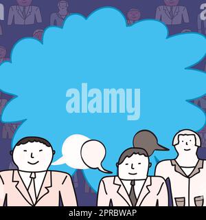 Uomini d'affari che comunicano e brainstorming in riunione. Tre colleghi discutono di notizie importanti. Manager consegna di nuove idee brillanti ai colleghi. Illustrazione Vettoriale