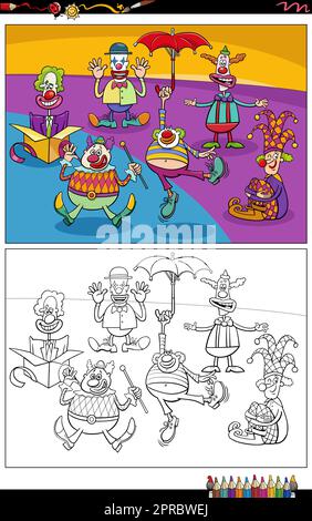 cartoon clown e comici gruppo colorazione pagina Illustrazione Vettoriale