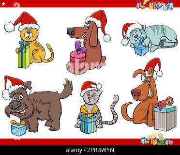 Cartoon cani e gatti con set regalo di Natale Illustrazione Vettoriale