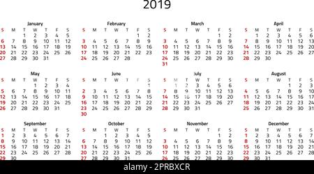 Semplice calendario 2019, settimana comincia la domenica che è evidenziata in rosso. Illustrazione Vettoriale