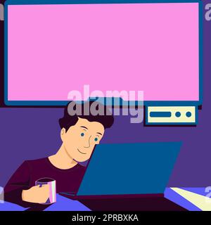 Man Holding Cup, guardando su Lap Top e presentando importanti notizie in TV dietro. Ragazzo che ha Mug in mano, fissando il computer e mostrando le informazioni Cruial. Illustrazione Vettoriale