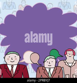 Uomini d'affari che comunicano e brainstorming in riunione. Tre colleghi discutono di notizie importanti. Manager consegna di nuove idee brillanti ai colleghi. Illustrazione Vettoriale