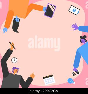 Tre colleghi che portano S decorazione delle applicazioni mobili definizione del lavoro di squadra. Partner simboli in attesa creazione di funzioni telefoniche che presentano lo sforzo combinato. Illustrazione Vettoriale