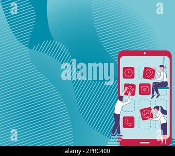 Tre colleghi che portano S decorazione delle applicazioni mobili definizione del lavoro di squadra. Partner simboli in attesa creazione di funzioni telefoniche che presentano lo sforzo combinato. Illustrazione Vettoriale