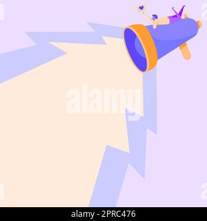 Uomo disegno che posa in giù sulla parte superiore del Megaphone grande che produce l'illuminazione che fa il messaggio grazioso. Human Line Drawing che riposa a un grande Bullhorn promuovendo annunci tardivi. Illustrazione Vettoriale