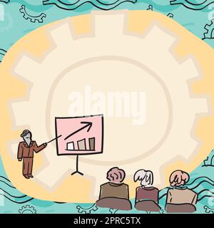 Membri del team che guardano alla lavagna per rappresentare la crescita delle nuove soluzioni per la vendita. Gruppo di colleghi che guarda il Board Thinking Problem Solving Skills contro Gear background. Illustrazione Vettoriale