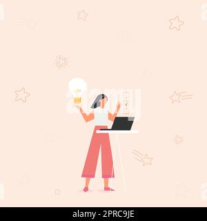 Illustrazione di una ragazza che utilizza il notebook avere nuove idee sorprendenti e fare checklist. Lady Drawing lavorando su minicomputer picking up Old Objective facendo inventario. Illustrazione Vettoriale