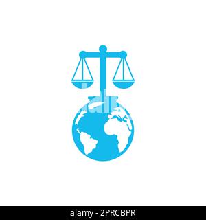 Concetto di logo del tribunale internazionale e della Corte suprema. Scala sul design icona del globo. Illustrazione Vettoriale