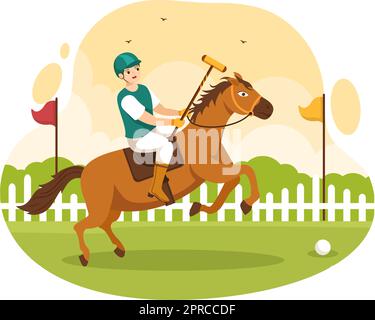 Sport di cavallino di polo con l'Equitazione del giocatore ed il bastone di tenuta usano l'apparecchiatura regolata nell'illustrazione del modello disegnata a mano del manifesto dell'artoon piatto Illustrazione Vettoriale