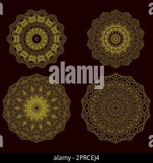 Set di ornamenti geometrici a cerchio giallo. Guilloche Gold Rosette isolato. Decorazioni rotonde ornamentali. Set Mandala. Illustrazione Vettoriale