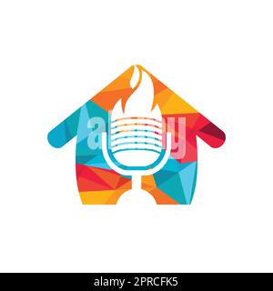 Modello di logo Fire Podcast. Podcast studio casa logo concetto. Illustrazione Vettoriale