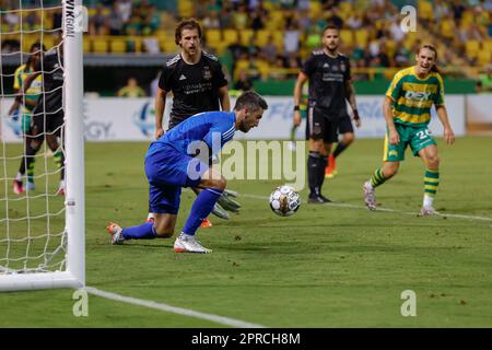 St Petersburg, FL: Il portiere di Houston Dynamo Andrew Tarbell (13) fa un risparmio su un colpo da Tampa Bay Rowdies avanti Cal Jennings (26) durante il thi Foto Stock