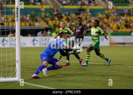 St Petersburg, FL: Il portiere di Houston Dynamo Andrew Tarbell (13) fa un risparmio su un colpo da Tampa Bay Rowdies avanti Cal Jennings (26) durante il thi Foto Stock