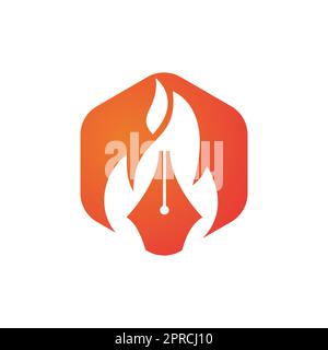 Fire Pen concetto di design del logo vettoriale. Icona del logo del vettore di scrittura a caldo. Illustrazione Vettoriale