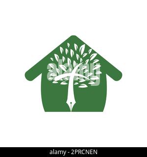Penna ad albero e croce con il modello di disegno del logo del vettore domestico. Lezione di apprendimento e insegnamento della Bibbia. Illustrazione Vettoriale