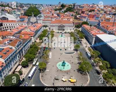 Una vista aerea di Piazza Dom Pedro IV (Piazza Rossio) a Lisbona Foto Stock