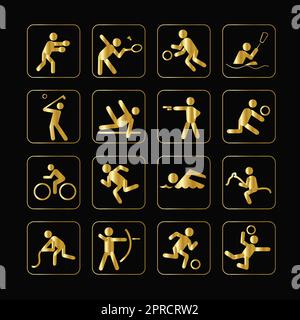 Set di icone sportive Gold isolate su sfondo nero Illustrazione Vettoriale