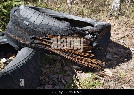 Pneumatico abbandonato deteriorato con cordicelle in acciaio arrugginito Foto Stock